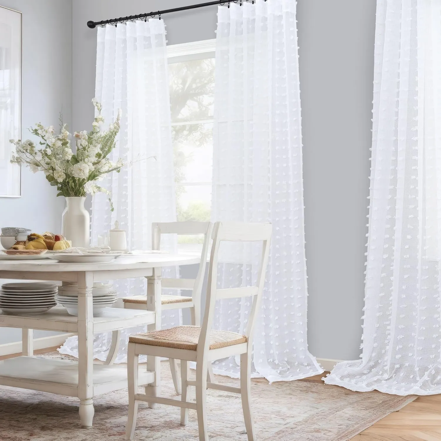 DANCURTON White Semi Sheer Curtains 63 Inch Length 2 Panels for Bedroom Back Tab White Pom Pom Tufted Curtains Farmhouse Boho Shabby Chic Drapes Girls Kids Baby Nursery Cute Window Curtains W52xL63
