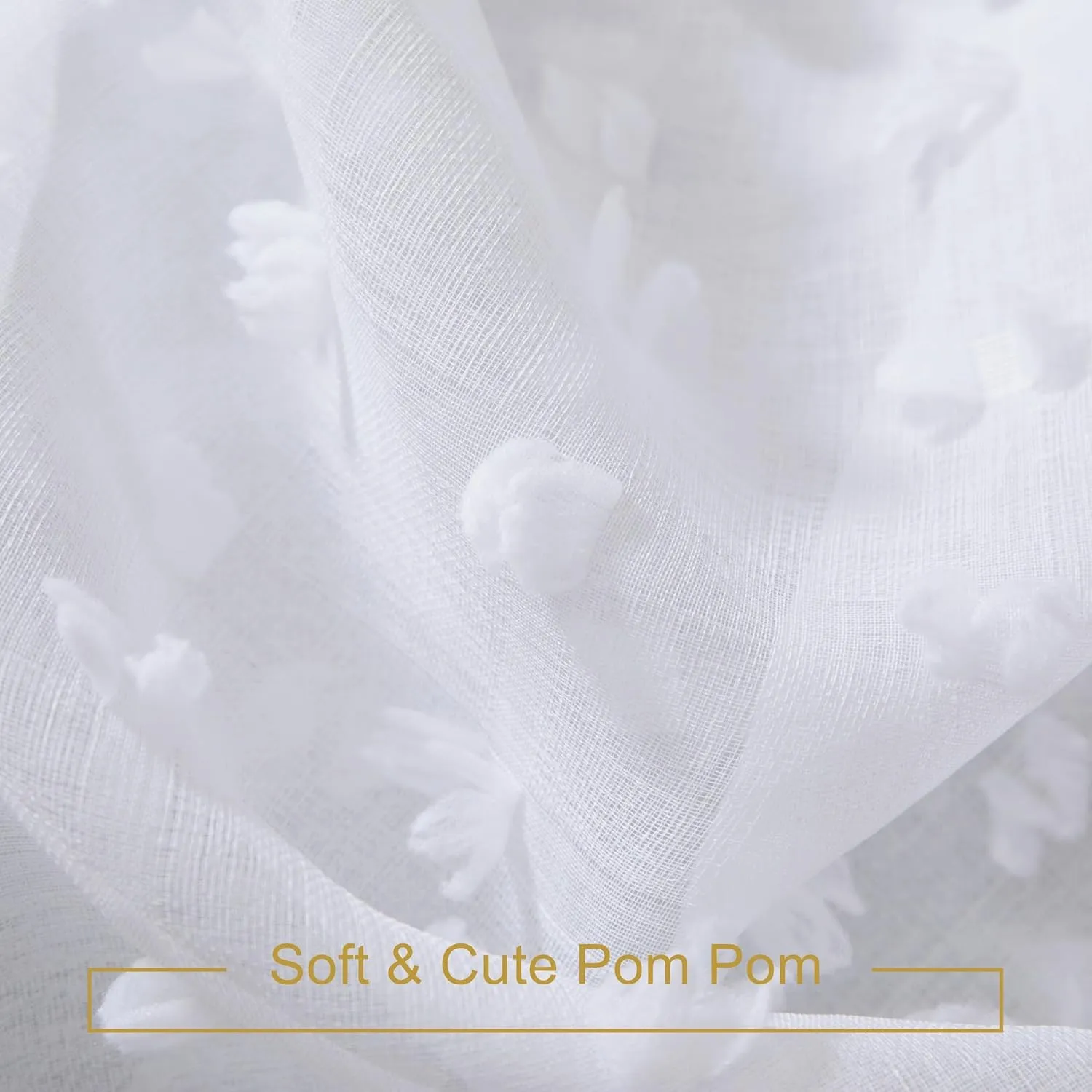 DANCURTON White Semi Sheer Curtains 63 Inch Length 2 Panels for Bedroom Back Tab White Pom Pom Tufted Curtains Farmhouse Boho Shabby Chic Drapes Girls Kids Baby Nursery Cute Window Curtains W52xL63