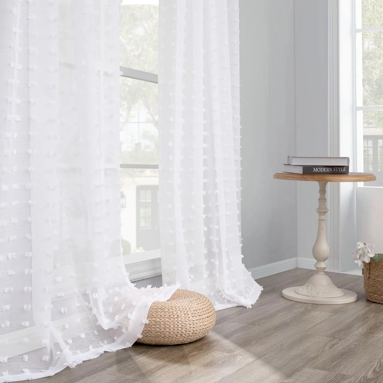 DANCURTON White Semi Sheer Curtains 63 Inch Length 2 Panels for Bedroom Back Tab White Pom Pom Tufted Curtains Farmhouse Boho Shabby Chic Drapes Girls Kids Baby Nursery Cute Window Curtains W52xL63