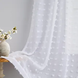 DANCURTON White Semi Sheer Curtains 63 Inch Length 2 Panels for Bedroom Back Tab White Pom Pom Tufted Curtains Farmhouse Boho Shabby Chic Drapes Girls Kids Baby Nursery Cute Window Curtains W52xL63
