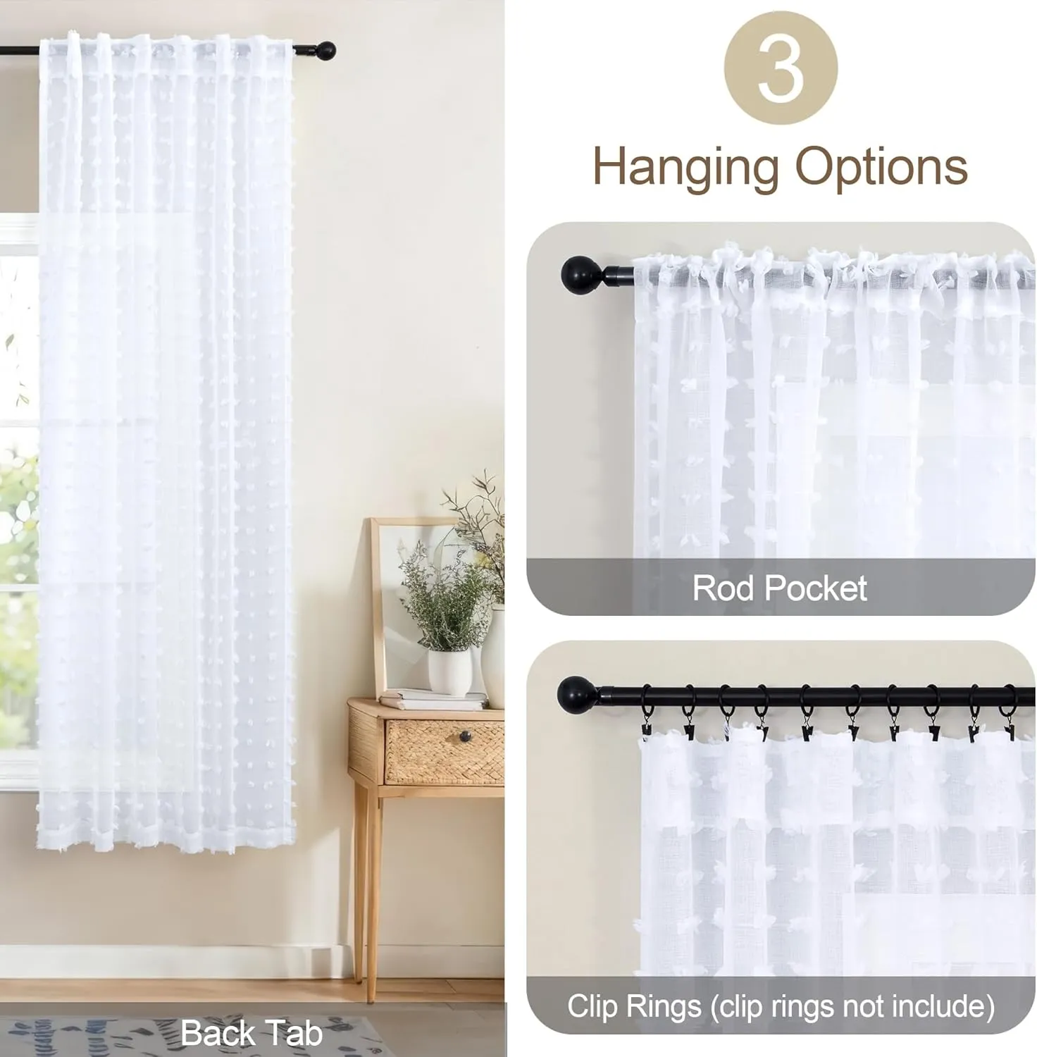 DANCURTON White Semi Sheer Curtains 63 Inch Length 2 Panels for Bedroom Back Tab White Pom Pom Tufted Curtains Farmhouse Boho Shabby Chic Drapes Girls Kids Baby Nursery Cute Window Curtains W52xL63