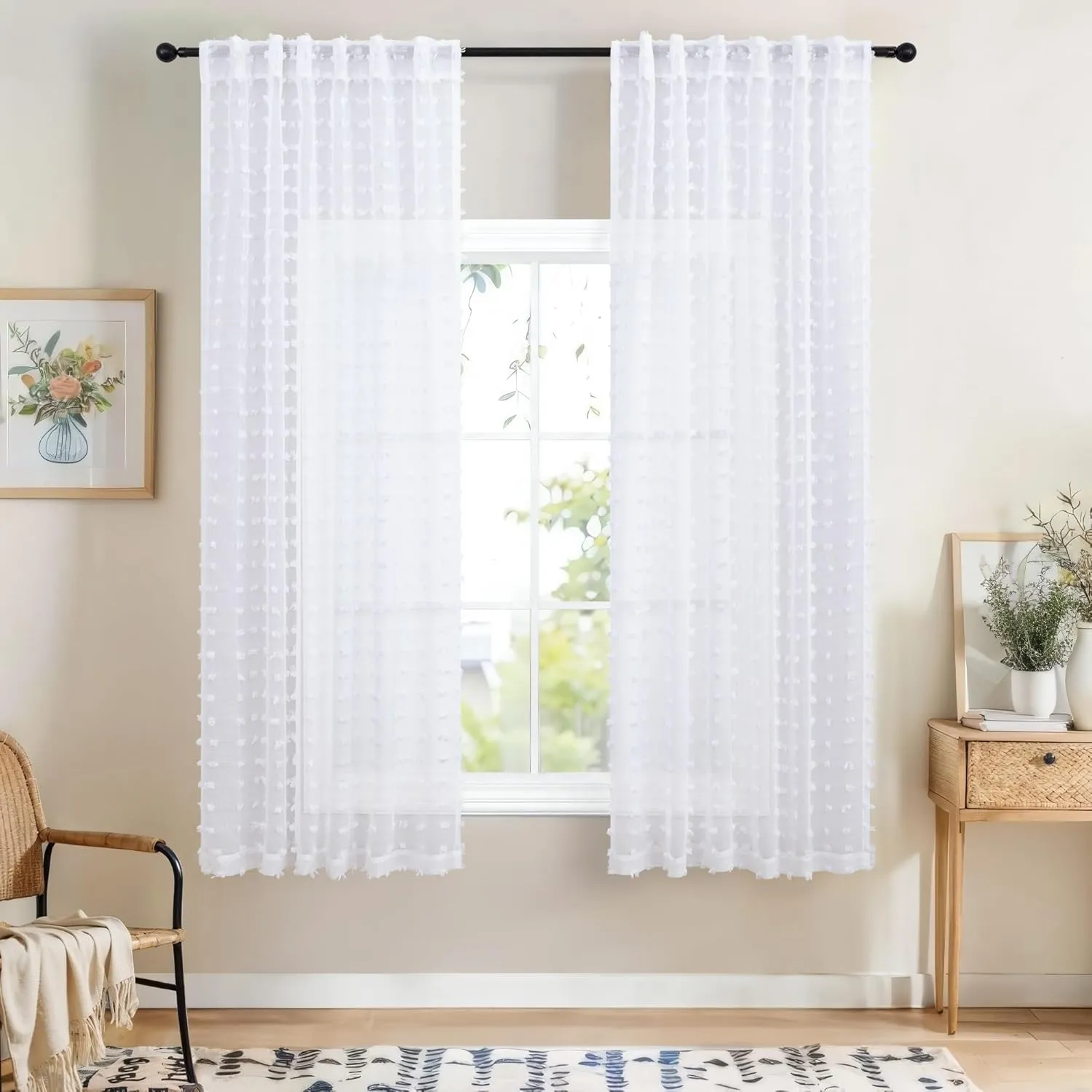 DANCURTON White Semi Sheer Curtains 63 Inch Length 2 Panels for Bedroom Back Tab White Pom Pom Tufted Curtains Farmhouse Boho Shabby Chic Drapes Girls Kids Baby Nursery Cute Window Curtains W52xL63