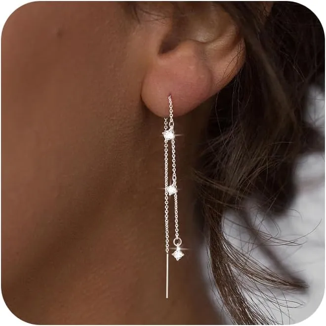 Dangle Earrings for Women Dainty Long Hanging Gold/Silver Chain Earrings Trendy Hypoallergenic Dangling CZ/Pearl Threader Earrings for Women Jewelry