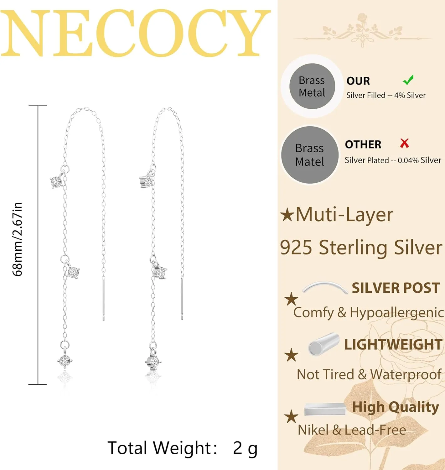 Dangle Earrings for Women Dainty Long Hanging Gold/Silver Chain Earrings Trendy Hypoallergenic Dangling CZ/Pearl Threader Earrings for Women Jewelry