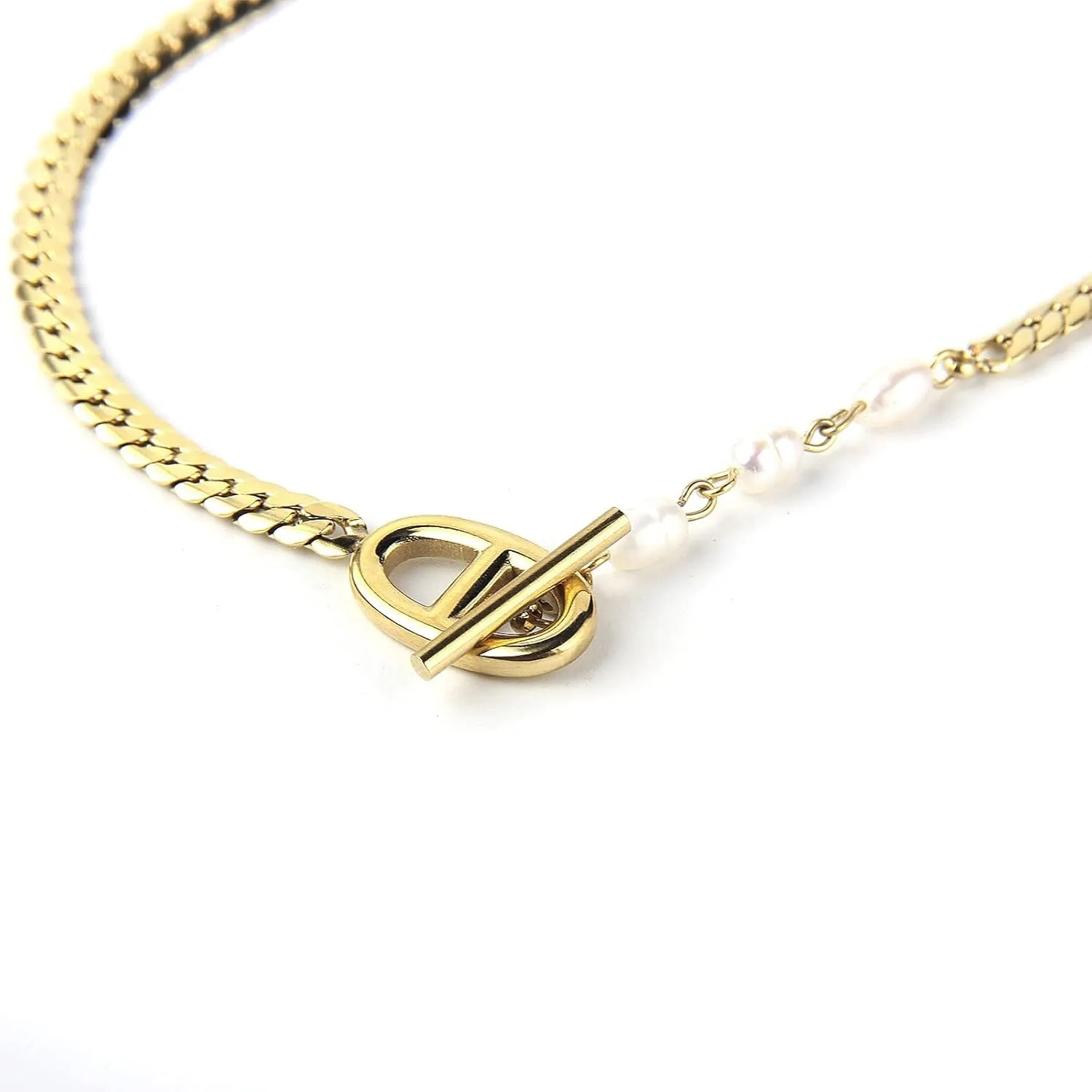 DASIQI Necklaces for Women Double D Letters Freshwater Pearl Splicing OT Toggle Clasps 15" Flat Chain