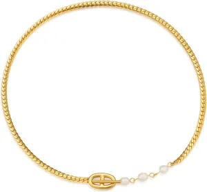 DASIQI Necklaces for Women Double D Letters Freshwater Pearl Splicing OT Toggle Clasps 15" Flat Chain