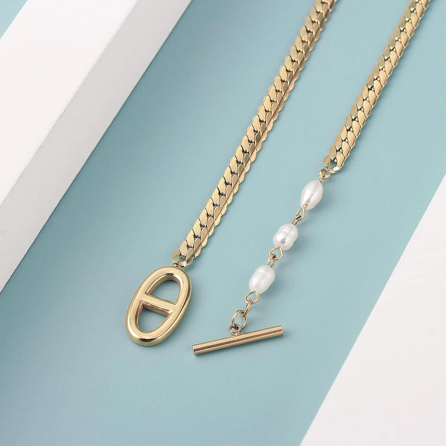 DASIQI Necklaces for Women Double D Letters Freshwater Pearl Splicing OT Toggle Clasps 15" Flat Chain