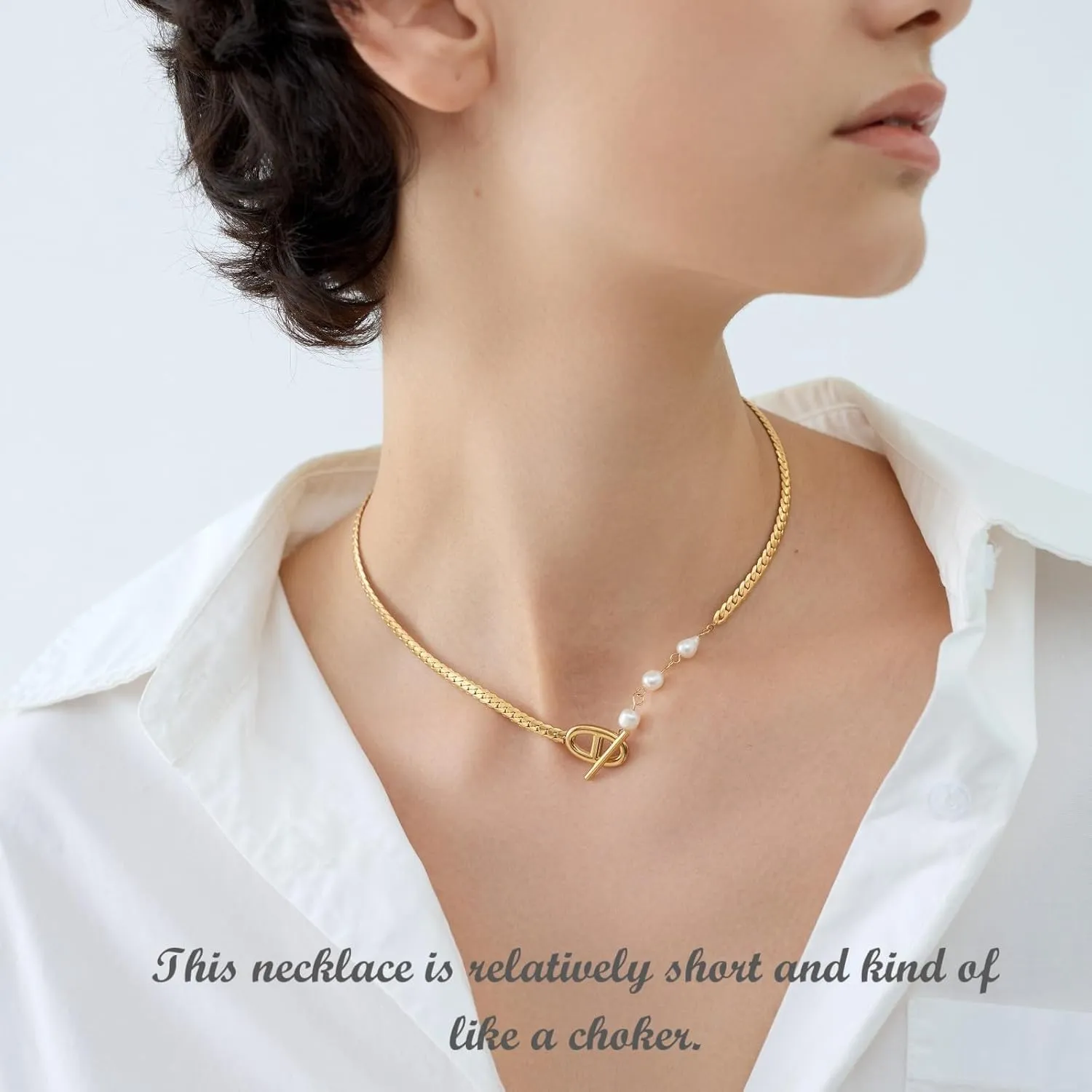 DASIQI Necklaces for Women Double D Letters Freshwater Pearl Splicing OT Toggle Clasps 15" Flat Chain