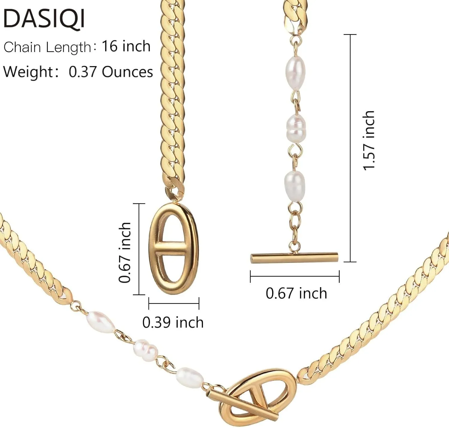 DASIQI Necklaces for Women Double D Letters Freshwater Pearl Splicing OT Toggle Clasps 15" Flat Chain