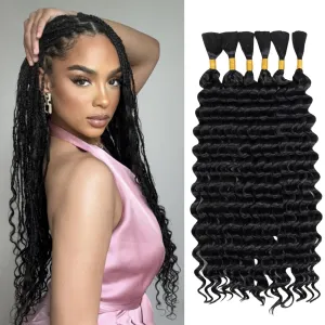 Deep Wave Bulk Hair 6 Bundles/Pack 200g 16 Inch No Weft Deep Wave Bulk Hair for Braiding Extensions for Boho Braids Natural Black Wet and Wavy（Natural Black）