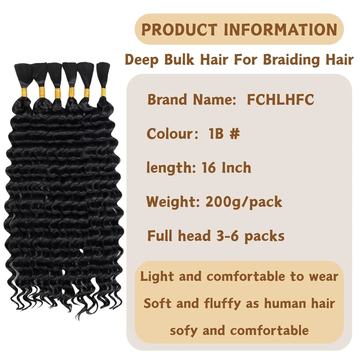 Deep Wave Bulk Hair 6 Bundles/Pack 200g 16 Inch No Weft Deep Wave Bulk Hair for Braiding Extensions for Boho Braids Natural Black Wet and Wavy（Natural Black）