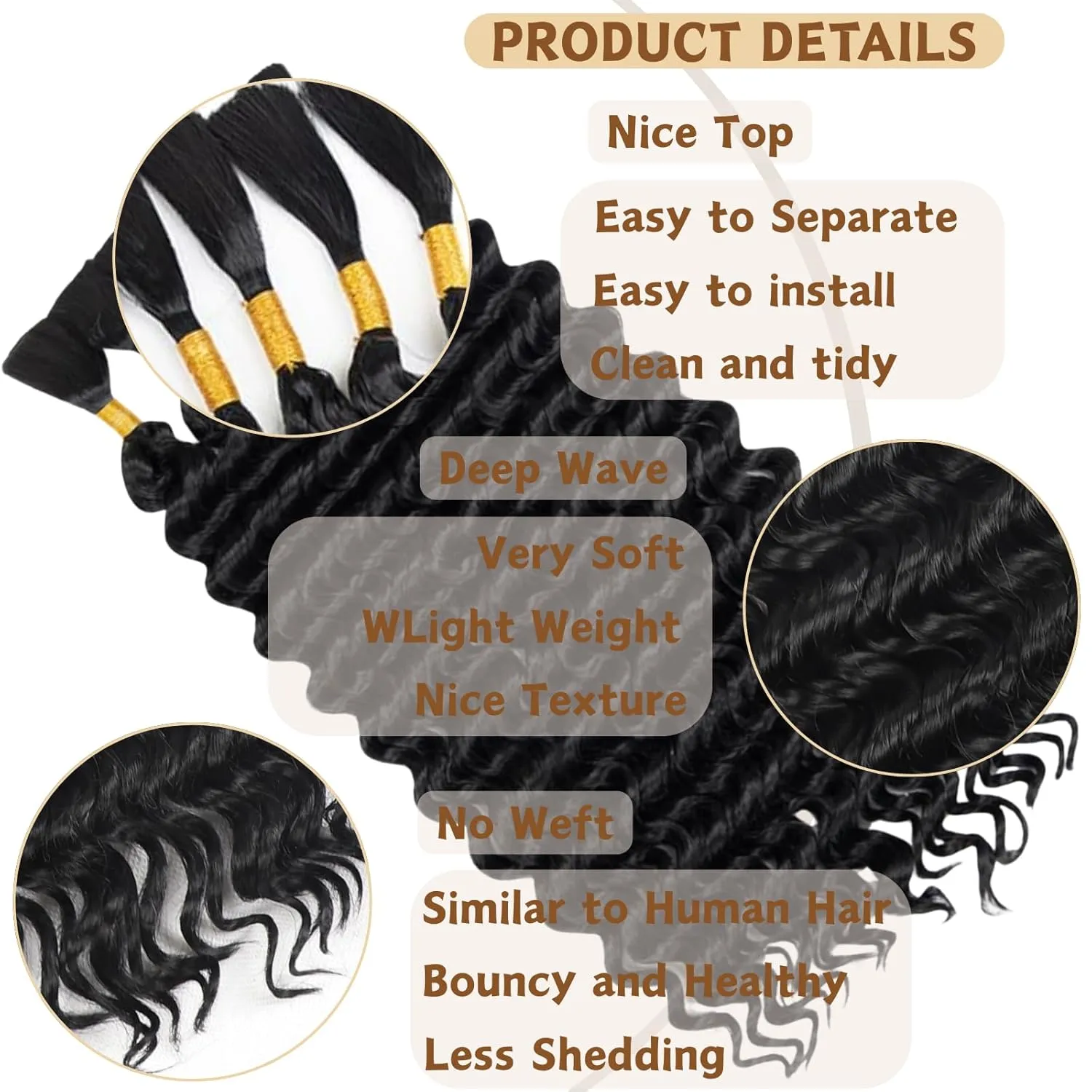 Deep Wave Bulk Hair 6 Bundles/Pack 200g 16 Inch No Weft Deep Wave Bulk Hair for Braiding Extensions for Boho Braids Natural Black Wet and Wavy（Natural Black）