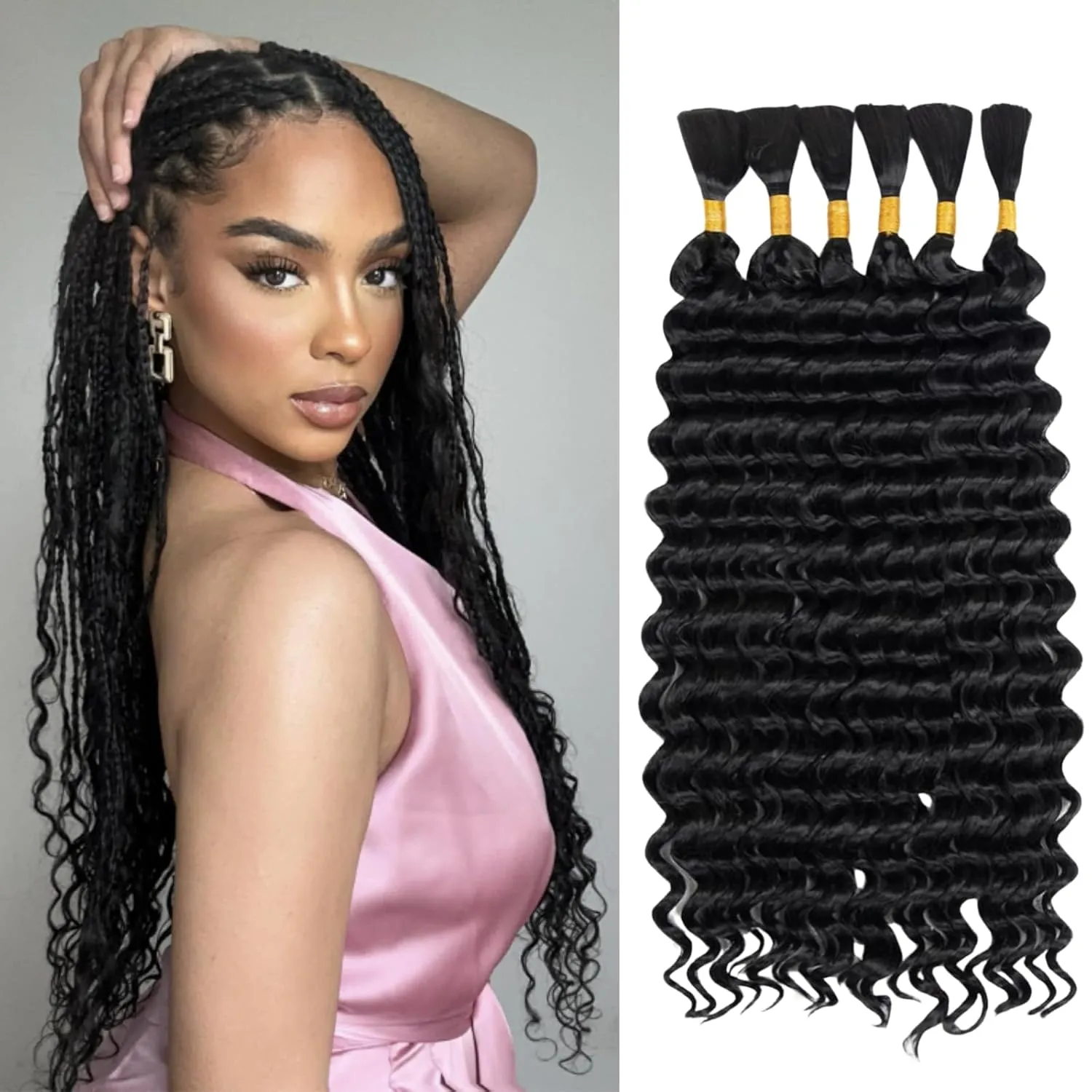 Deep Wave Bulk Hair 6 Bundles/Pack 200g 16 Inch No Weft Deep Wave Bulk Hair for Braiding Extensions for Boho Braids Natural Black Wet and Wavy（Natural Black）
