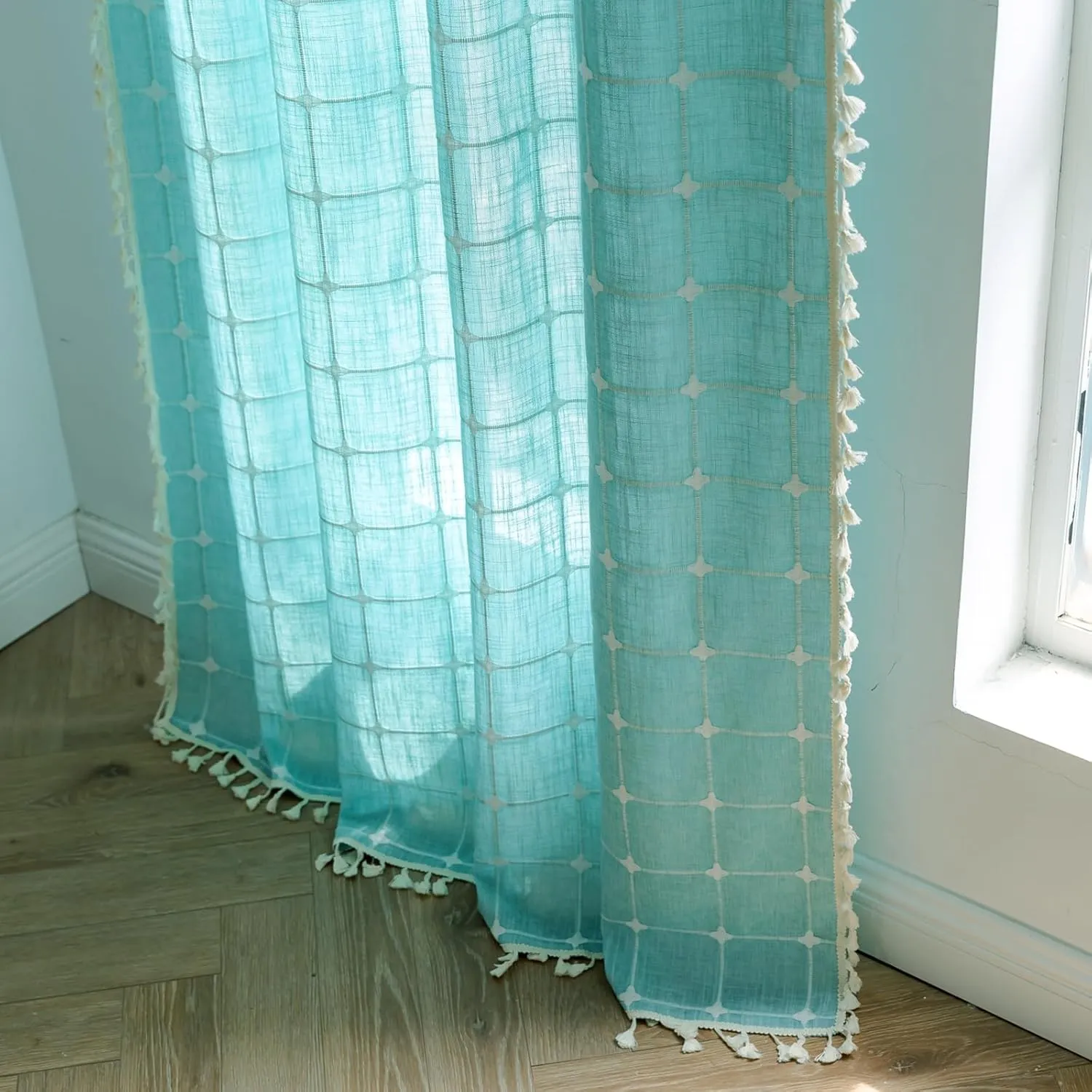Deeprove Boho Plaid Curtains 72 inch Length for Home Office Kitchen Nursery, Semi Blackout Farmhouse Tassels Window Treatment Bohemian Embroidery Drape Rod Pocket 1 Panel 52" W x 72" L, Aqua