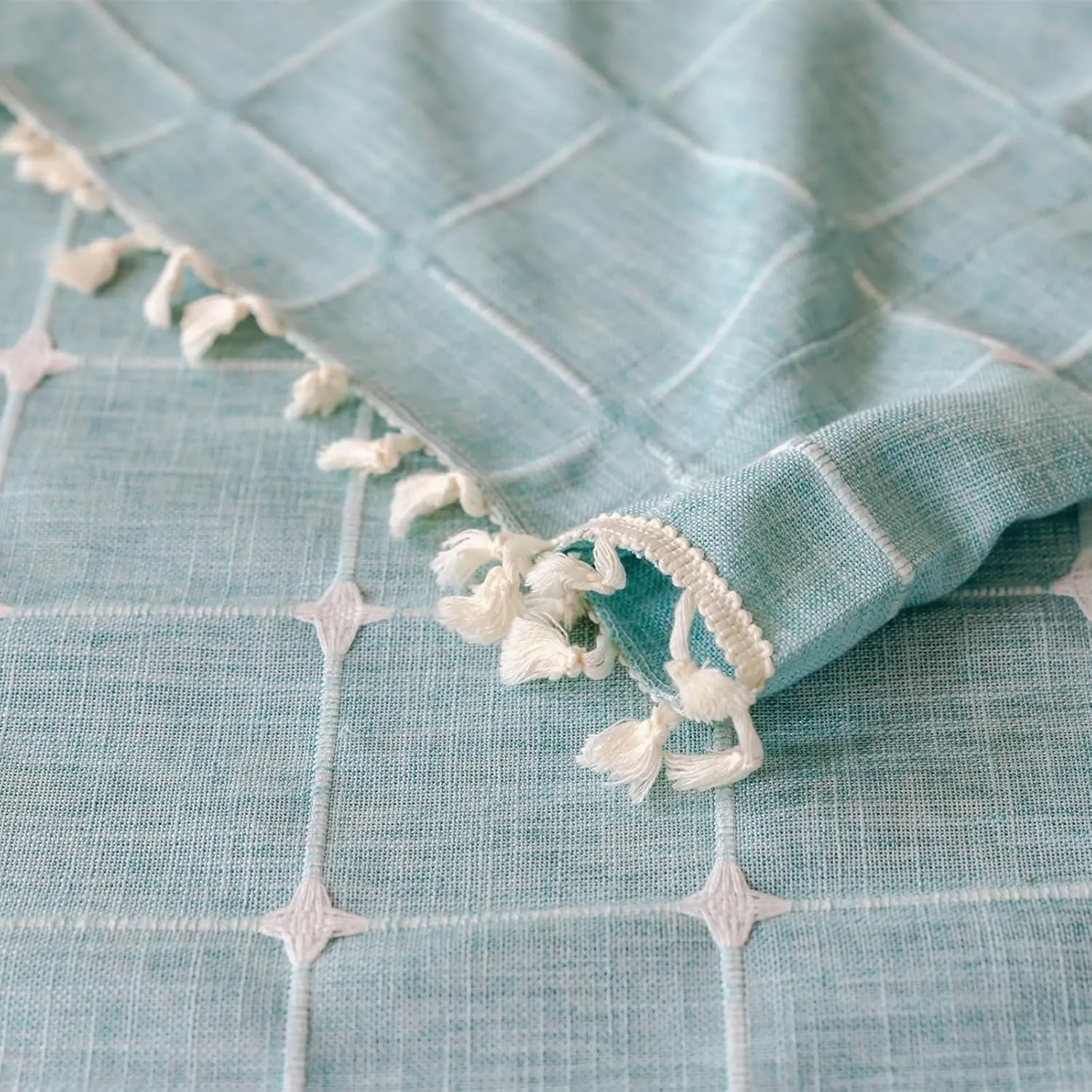 Deeprove Boho Plaid Curtains 72 inch Length for Home Office Kitchen Nursery, Semi Blackout Farmhouse Tassels Window Treatment Bohemian Embroidery Drape Rod Pocket 1 Panel 52" W x 72" L, Aqua