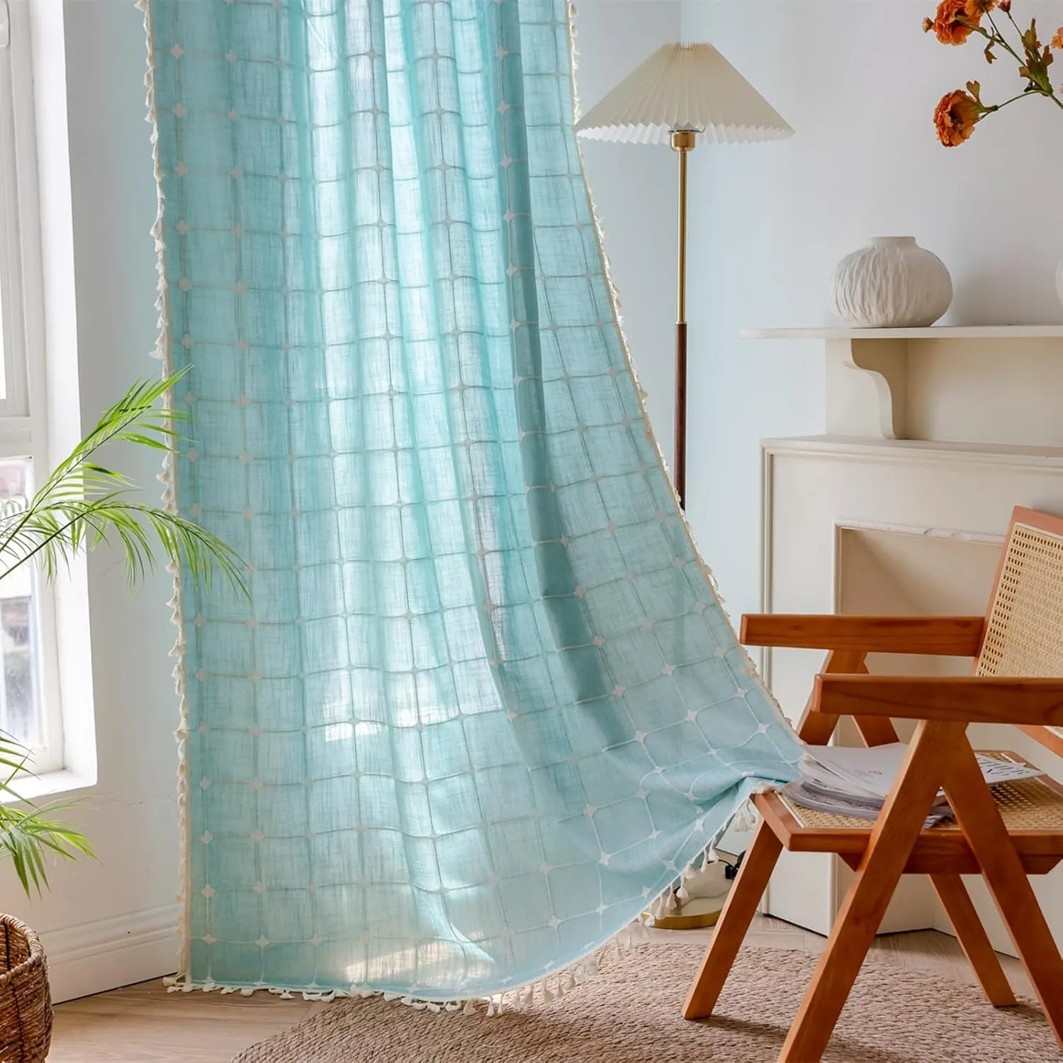 Deeprove Boho Plaid Curtains 72 inch Length for Home Office Kitchen Nursery, Semi Blackout Farmhouse Tassels Window Treatment Bohemian Embroidery Drape Rod Pocket 1 Panel 52" W x 72" L, Aqua