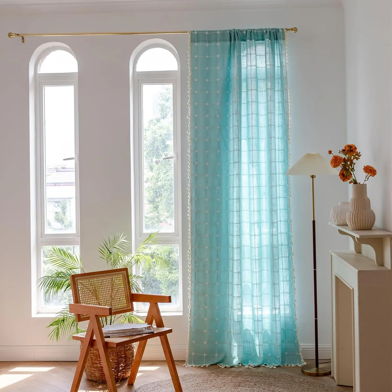 Deeprove Boho Plaid Curtains 72 inch Length for Home Office Kitchen Nursery, Semi Blackout Farmhouse Tassels Window Treatment Bohemian Embroidery Drape Rod Pocket 1 Panel 52" W x 72" L, Aqua