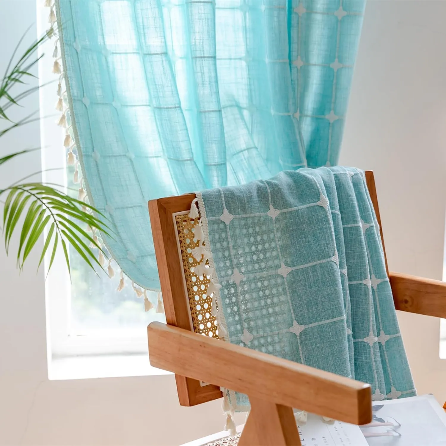 Deeprove Boho Plaid Curtains 72 inch Length for Home Office Kitchen Nursery, Semi Blackout Farmhouse Tassels Window Treatment Bohemian Embroidery Drape Rod Pocket 1 Panel 52" W x 72" L, Aqua
