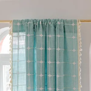 Deeprove Boho Plaid Curtains 72 inch Length for Home Office Kitchen Nursery, Semi Blackout Farmhouse Tassels Window Treatment Bohemian Embroidery Drape Rod Pocket 1 Panel 52" W x 72" L, Aqua