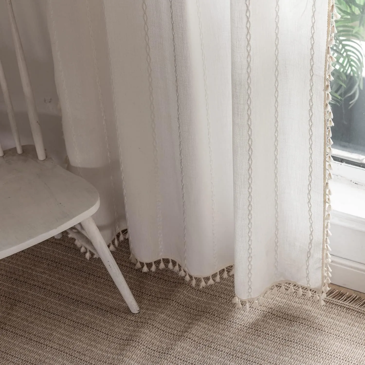 Deeprove White Boho Curtains 72 inches Long with Tassel for Bedroom Living Room, Bohemian Moroccan Diamond Embroidery Rustic Farmhouse Cotton Linen French Country Window Drape, W52 x L72, 1 Panel