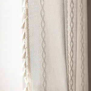Deeprove White Boho Curtains 72 inches Long with Tassel for Bedroom Living Room, Bohemian Moroccan Diamond Embroidery Rustic Farmhouse Cotton Linen French Country Window Drape, W52 x L72, 1 Panel