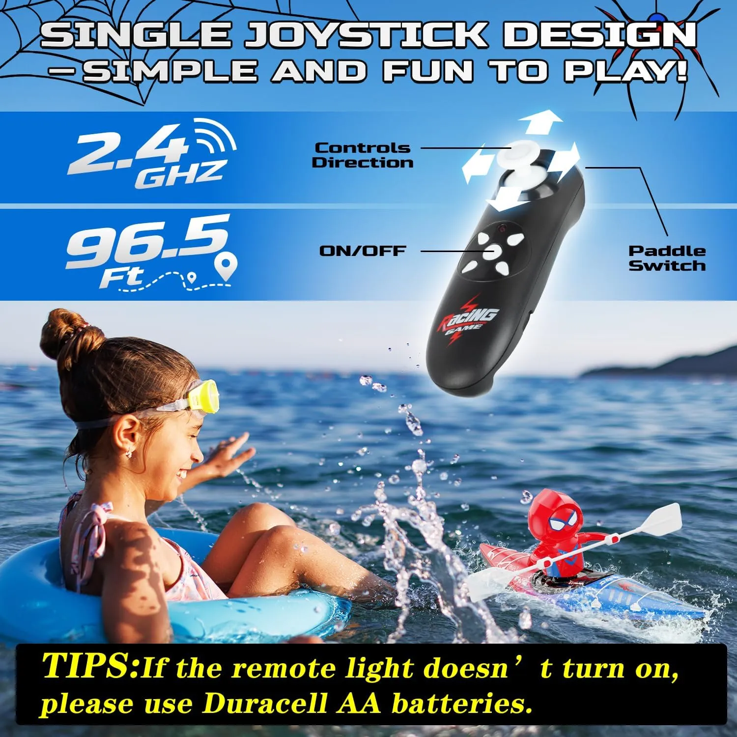 DEERC Mini RC Boat,Remote Control Spider Kayak Boat Pool Water Toys for Kids with Light,Lake,Bathtub,Summer Outdoor Water Toys Gift for Kids Boys Ages 4-8