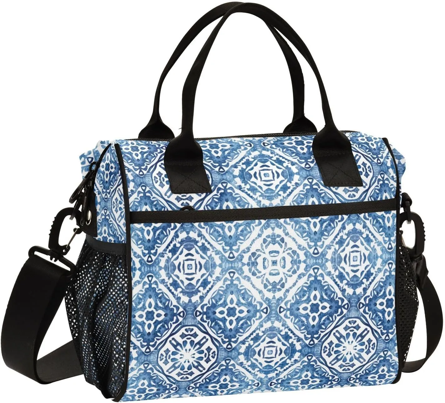 Delft Bloom Pattern Lunch Bag, Large Capacity Insulated Bag, Lunch Box for Women, Reusable Insulated Lunch Box, Container for Office Work Picnic or Travel