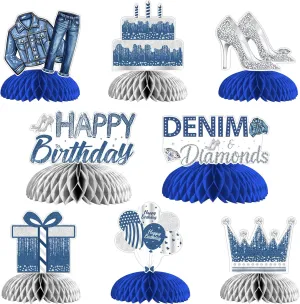 Denim and Diamond Party Decoration, 8pcs Denim and Diamond Happy Birthday Honeycomb Centerpiece Jacket Jean Table Decoration for Girl Woman Diamond and Denim Birthday Decoration