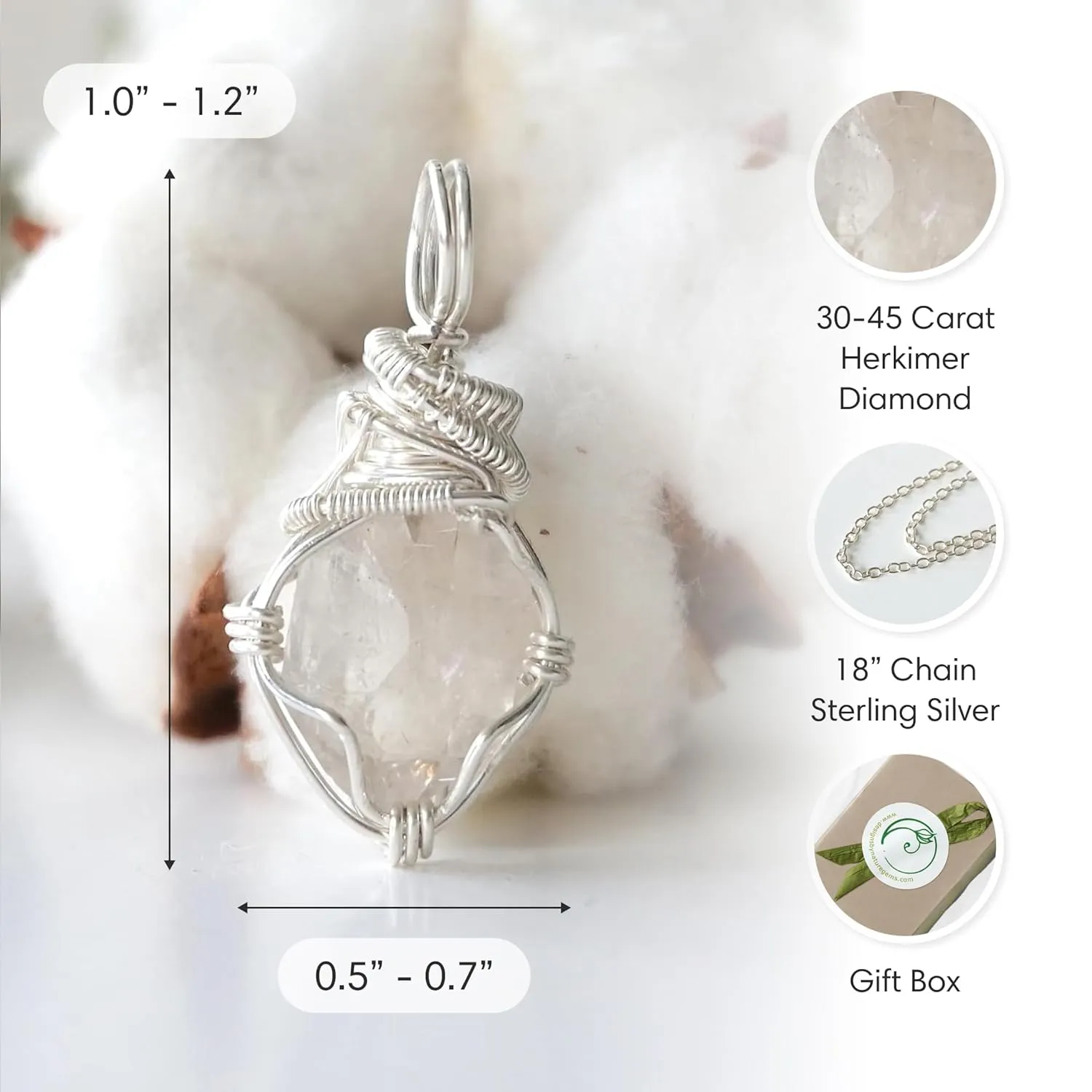 Designs By Nature Gems Natural Herkimer Diamond Necklace for Women - April Birthstone Necklace for Women - Designer Pendant Necklace - 30-45 Carat Herkimer Diamond, Sterling SIlver Chain