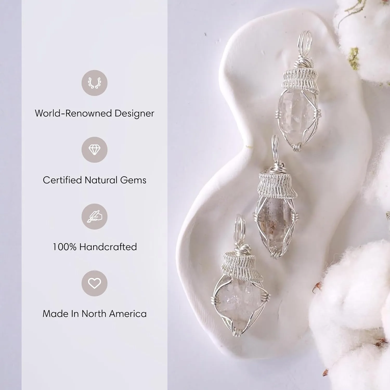 Designs By Nature Gems Natural Herkimer Diamond Necklace for Women - April Birthstone Necklace for Women - Designer Pendant Necklace - 30-45 Carat Herkimer Diamond, Sterling SIlver Chain