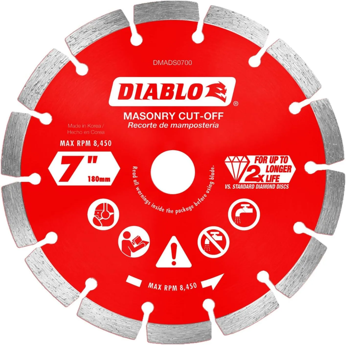 Diablo Diamond Segmented Masonry Cut-Off Blade for Concrete, Brick and Block - 7" Diameter, 2.4mm Kerf, 8450 Max RPM - DMADS0700