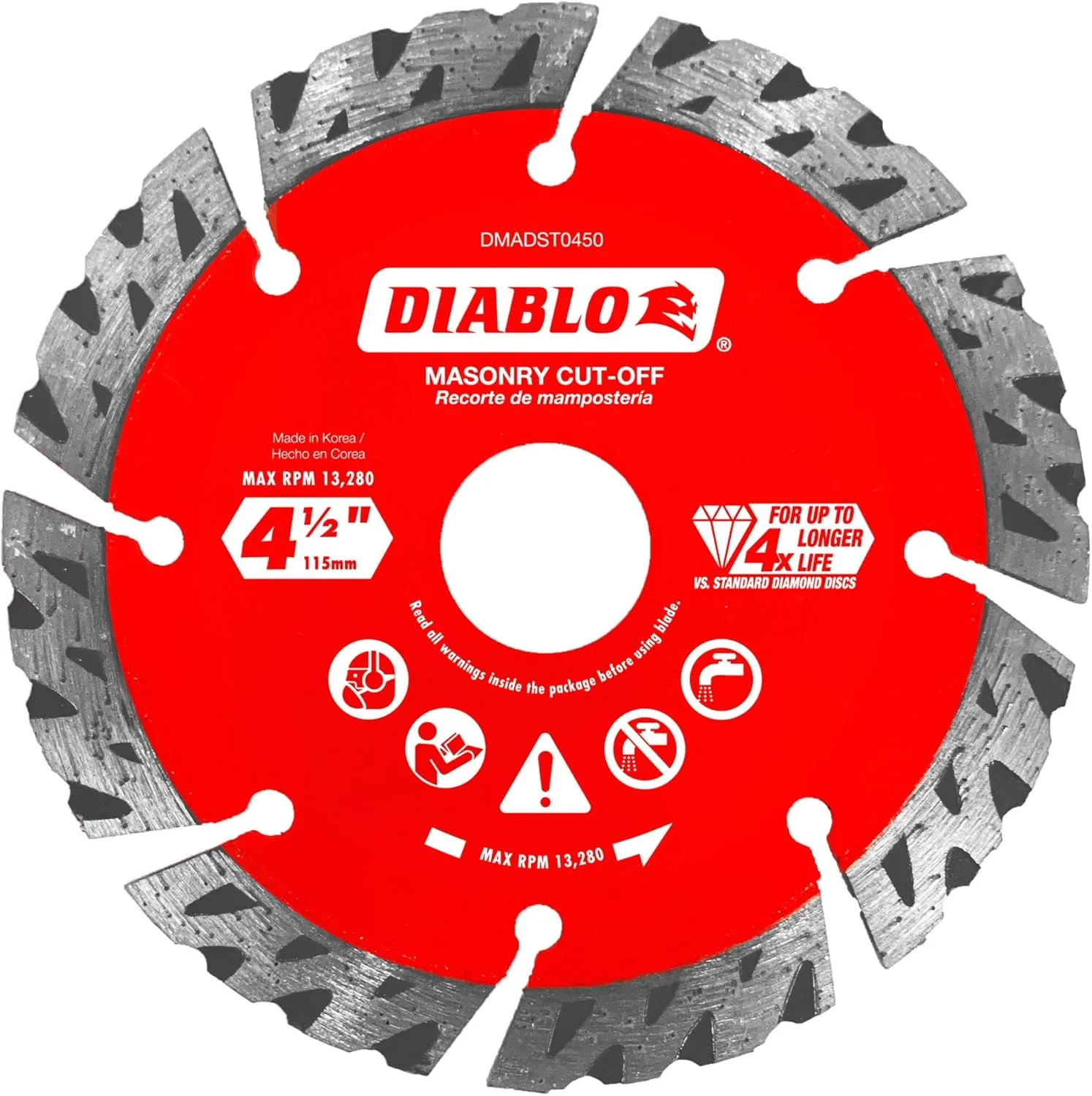 Diablo Diamond Segmented Turbo Masonry Cut - Off Blade for Concrete, Brick and Block - 4-1/2" Diameter, 2.4mm Kerf, 13280 Max RPM - DMADST0450