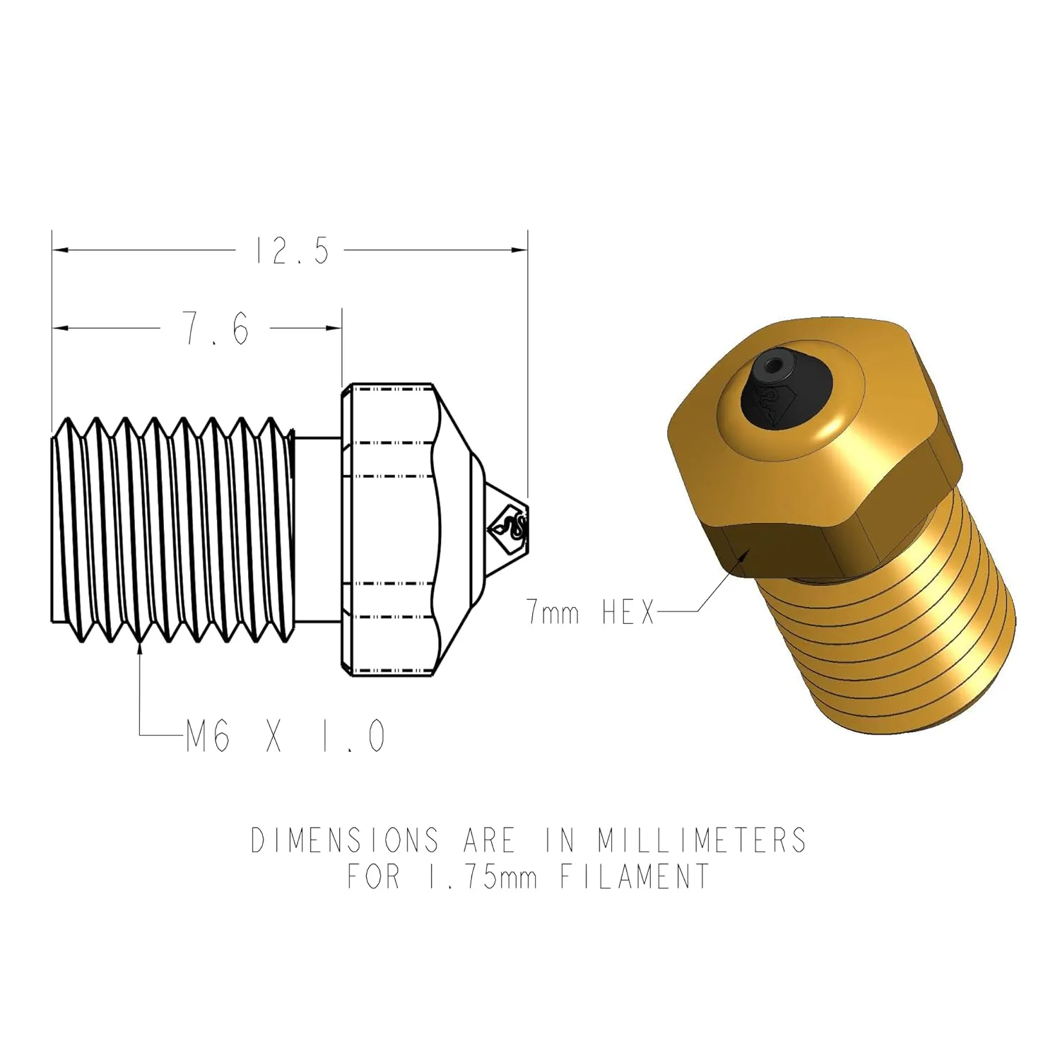 Diamondback Nozzles – V6 Compatible – Polycrystalline Solid Diamond Tip 3D Printer Nozzles, Improved Extrusion, Any Filament, Long Life, Wear Resistant, USA Made (Brass) (0.8mm)