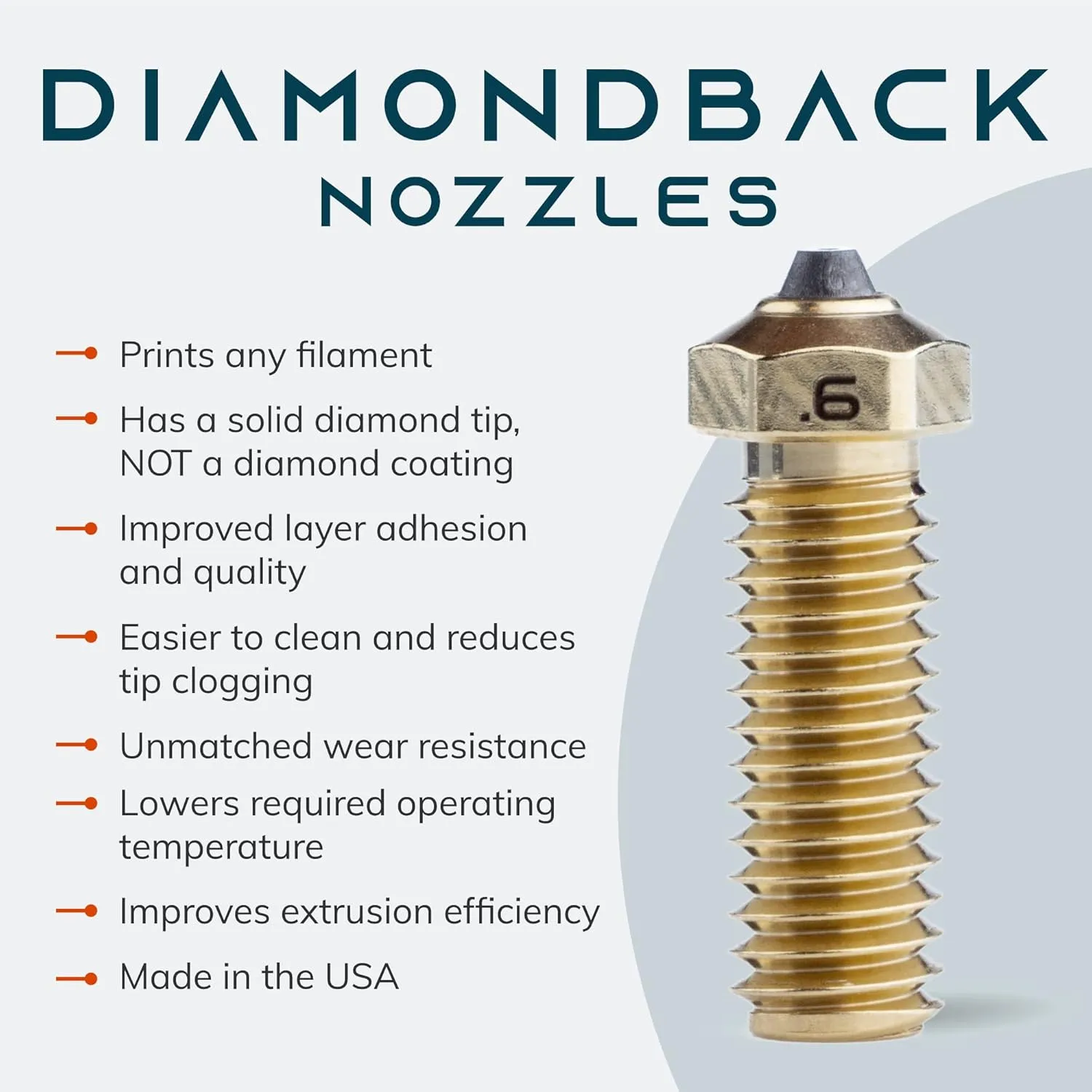 Diamondback Nozzles – Volcano Compatible – Polycrystalline Solid Diamond Tip 3D Printer Nozzles, Improved Extrusion, Any Filament, Long Life, Wear Resistant, Layer Adhesion, USA Made (1.75mm x 0.6mm)
