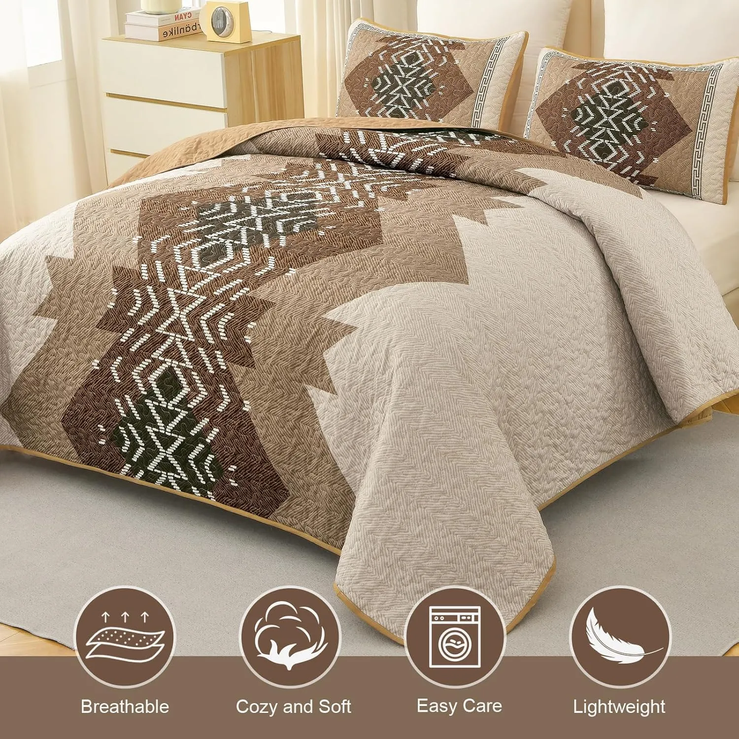 Dintszyayue Bohemian Quilt Set King Size,3 Pieces Aztec Texture Bedding Coverlet Set Brown Boho Bedspread Coverlet Set Geometric Pattern Lightweight Quilt Bedding Set for All Season (Brown,90"x103")