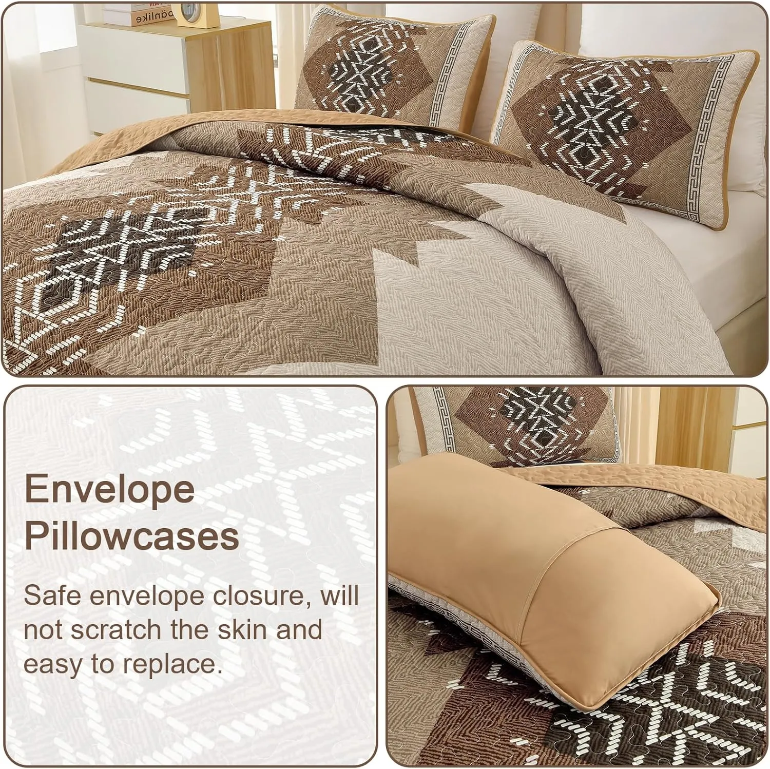 Dintszyayue Bohemian Quilt Set King Size,3 Pieces Aztec Texture Bedding Coverlet Set Brown Boho Bedspread Coverlet Set Geometric Pattern Lightweight Quilt Bedding Set for All Season (Brown,90"x103")