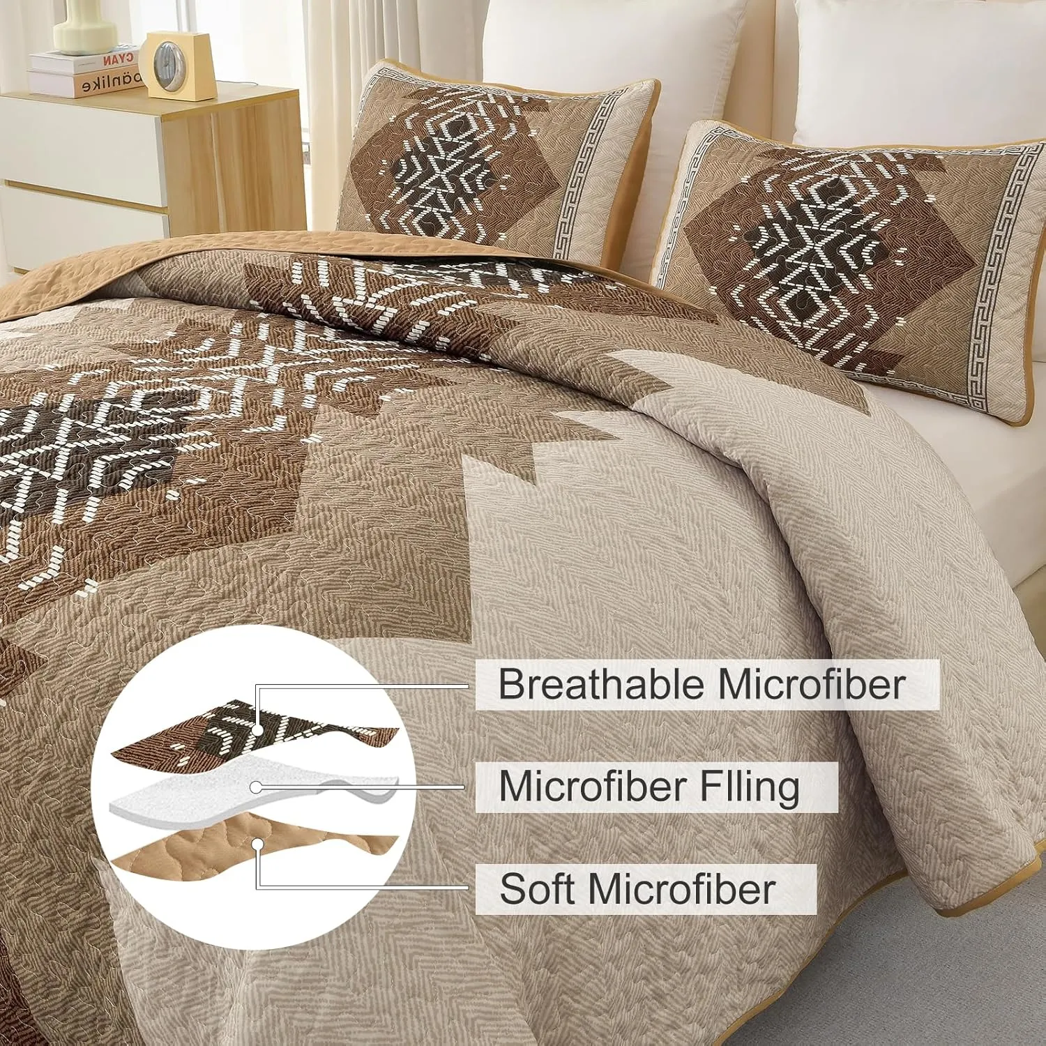Dintszyayue Bohemian Quilt Set King Size,3 Pieces Aztec Texture Bedding Coverlet Set Brown Boho Bedspread Coverlet Set Geometric Pattern Lightweight Quilt Bedding Set for All Season (Brown,90"x103")