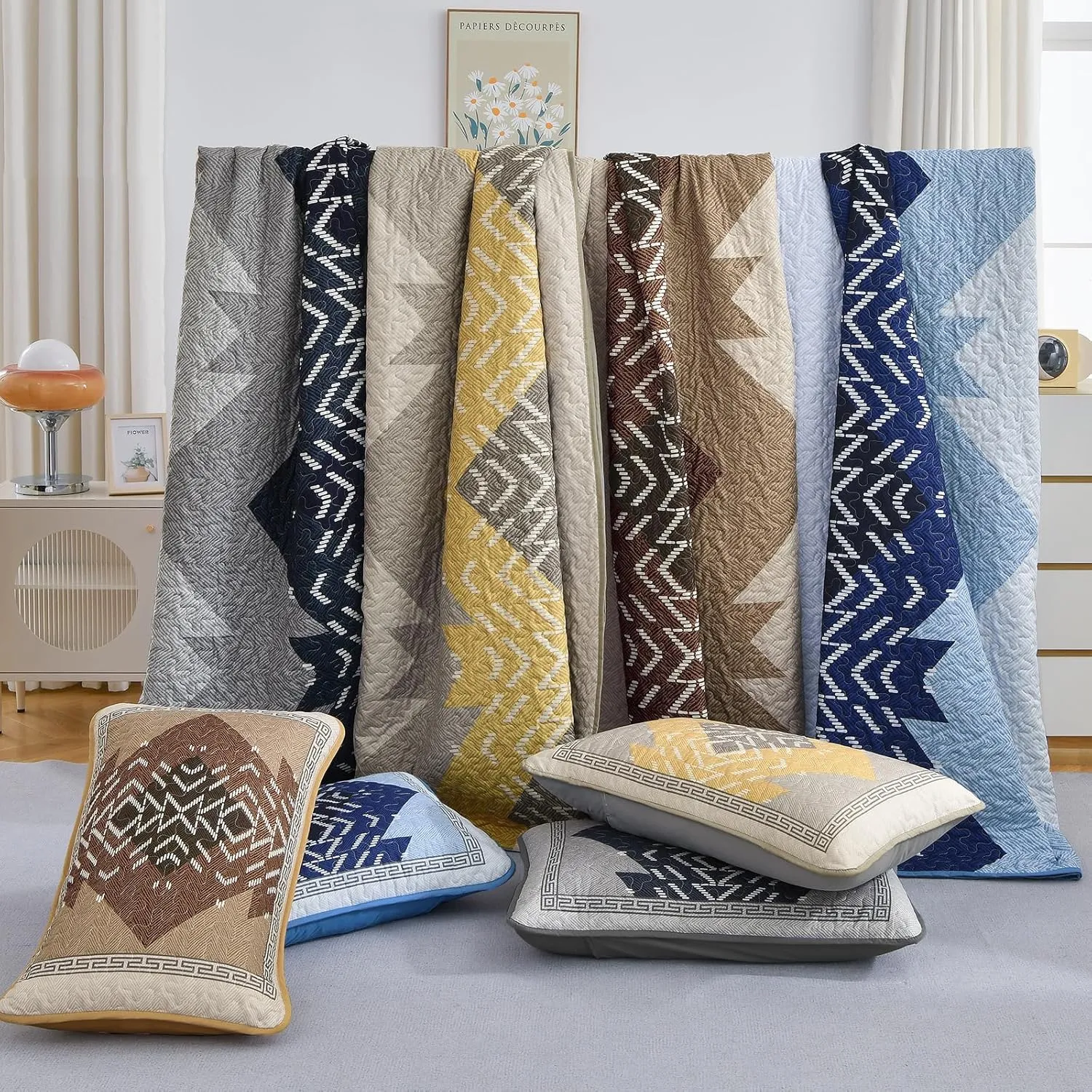 Dintszyayue Bohemian Quilt Set King Size,3 Pieces Aztec Texture Bedding Coverlet Set Brown Boho Bedspread Coverlet Set Geometric Pattern Lightweight Quilt Bedding Set for All Season (Brown,90"x103")