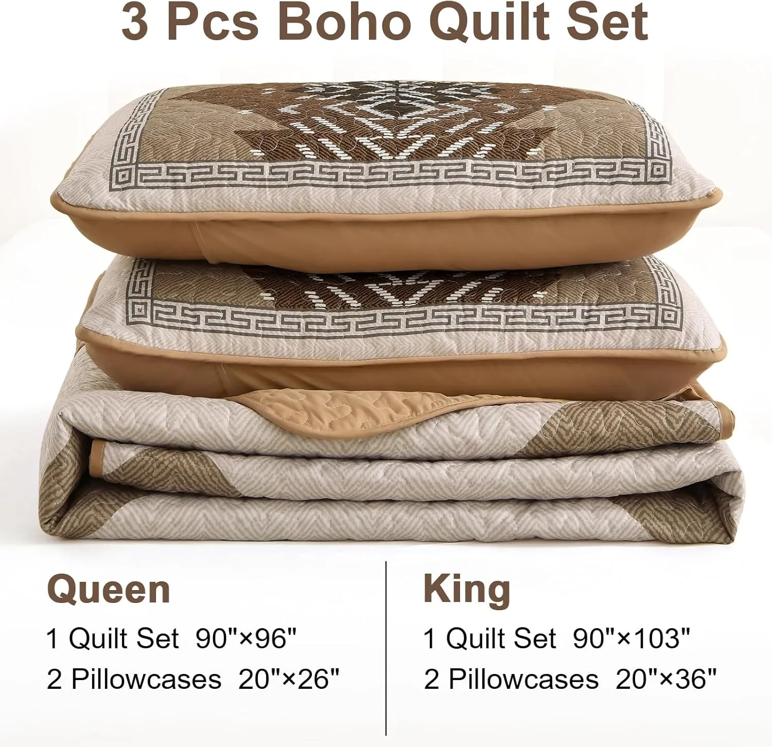 Dintszyayue Bohemian Quilt Set King Size,3 Pieces Aztec Texture Bedding Coverlet Set Brown Boho Bedspread Coverlet Set Geometric Pattern Lightweight Quilt Bedding Set for All Season (Brown,90"x103")