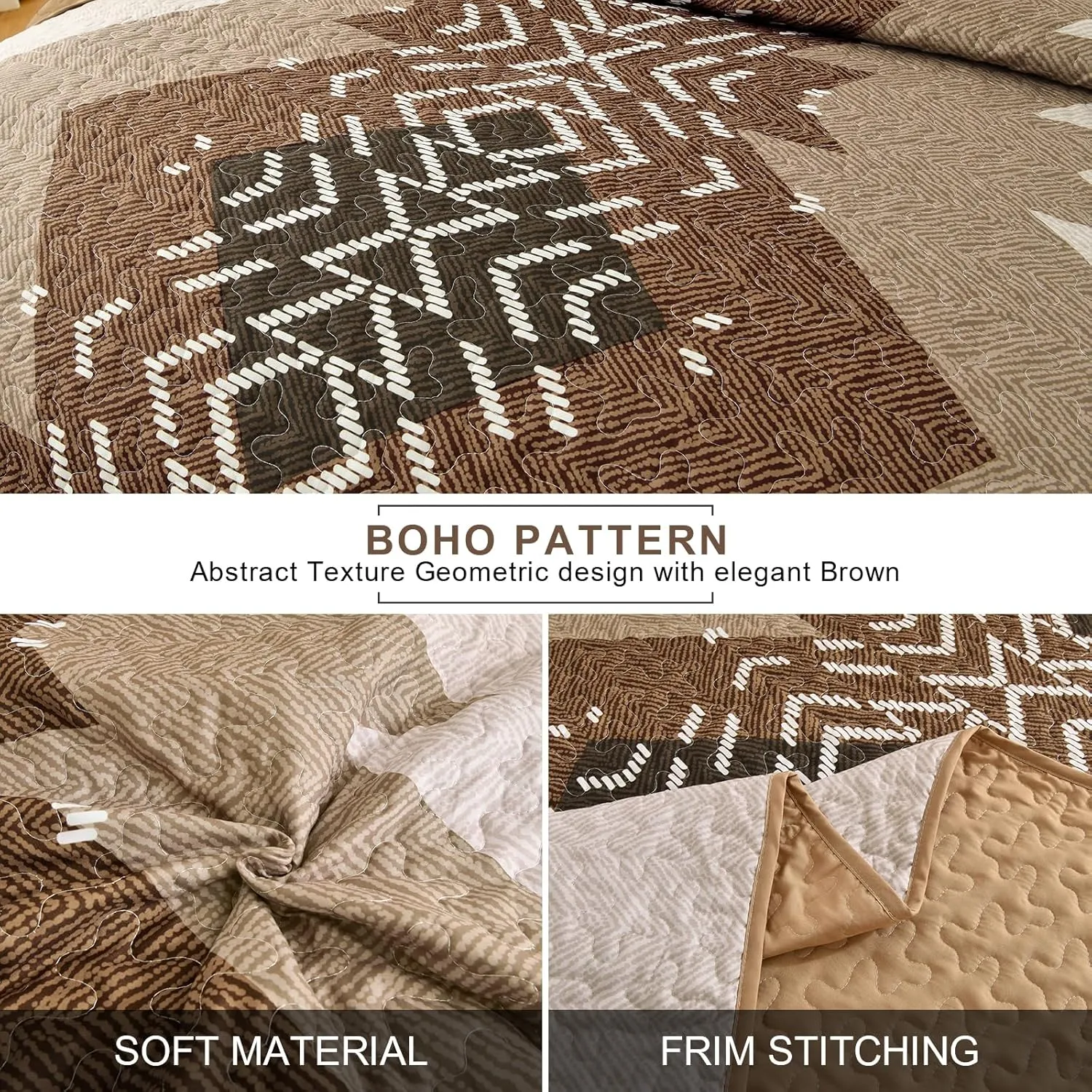 Dintszyayue Bohemian Quilt Set King Size,3 Pieces Aztec Texture Bedding Coverlet Set Brown Boho Bedspread Coverlet Set Geometric Pattern Lightweight Quilt Bedding Set for All Season (Brown,90"x103")