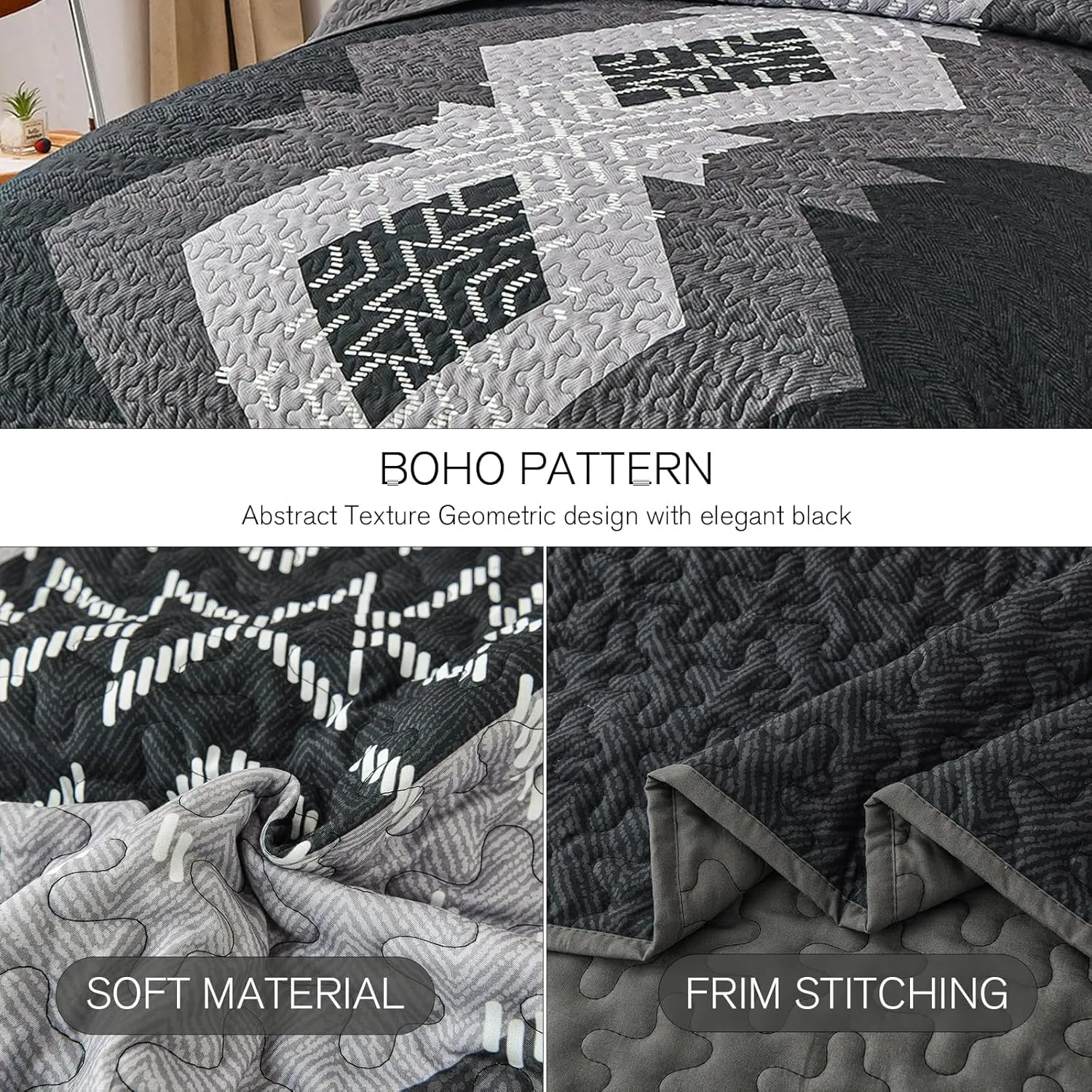 Dintszyayue Boho Quilt Set King Size 3 Pieces Black Grey Aztec Texture Bedspread Coverlet Set Bohemian Quilt Bedding Set Microfiber Lightweight Bed Cover for All Seasons 90"×103"