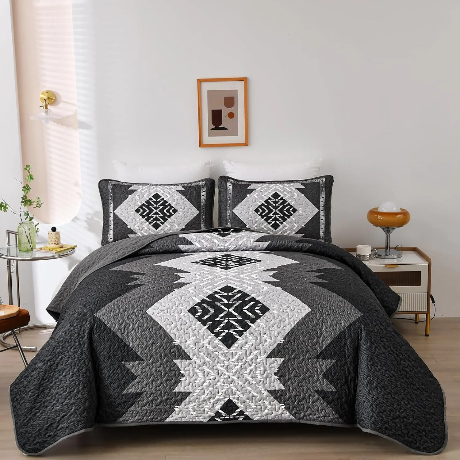 Dintszyayue Boho Quilt Set King Size 3 Pieces Black Grey Aztec Texture Bedspread Coverlet Set Bohemian Quilt Bedding Set Microfiber Lightweight Bed Cover for All Seasons 90"×103"
