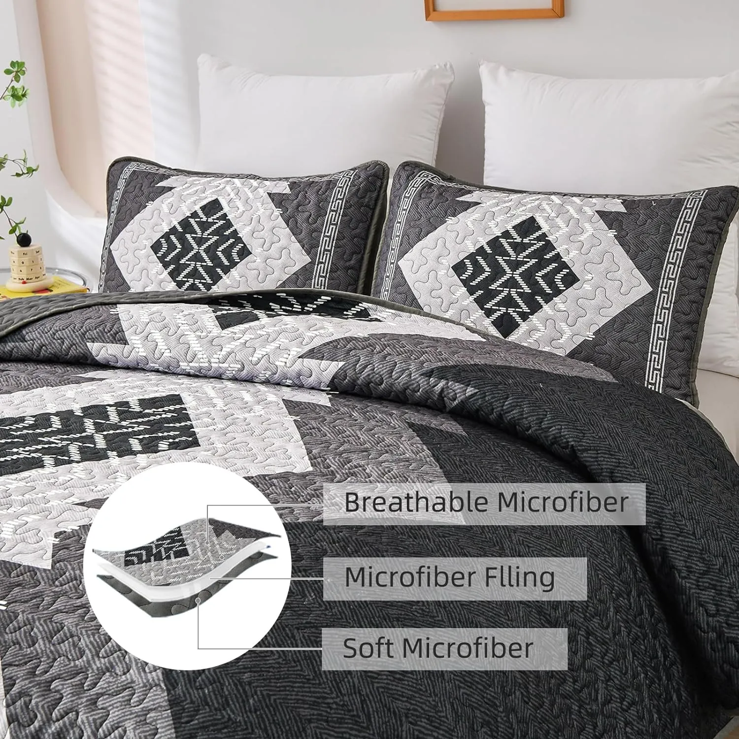 Dintszyayue Boho Quilt Set King Size 3 Pieces Black Grey Aztec Texture Bedspread Coverlet Set Bohemian Quilt Bedding Set Microfiber Lightweight Bed Cover for All Seasons 90"×103"