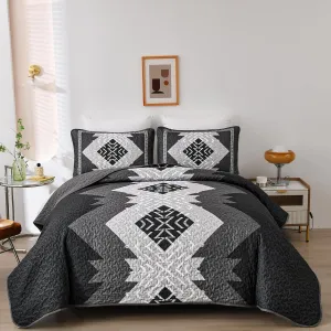 Dintszyayue Boho Quilt Set King Size 3 Pieces Black Grey Aztec Texture Bedspread Coverlet Set Bohemian Quilt Bedding Set Microfiber Lightweight Bed Cover for All Seasons 90"×103"