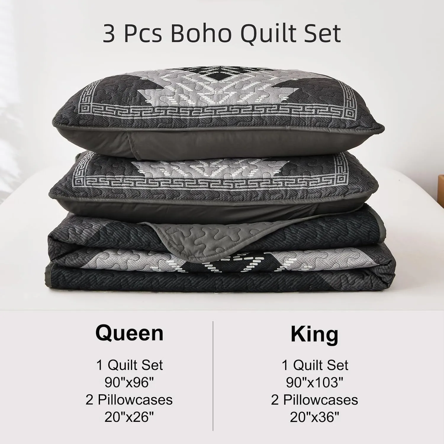 Dintszyayue Boho Quilt Set King Size 3 Pieces Black Grey Aztec Texture Bedspread Coverlet Set Bohemian Quilt Bedding Set Microfiber Lightweight Bed Cover for All Seasons 90"×103"