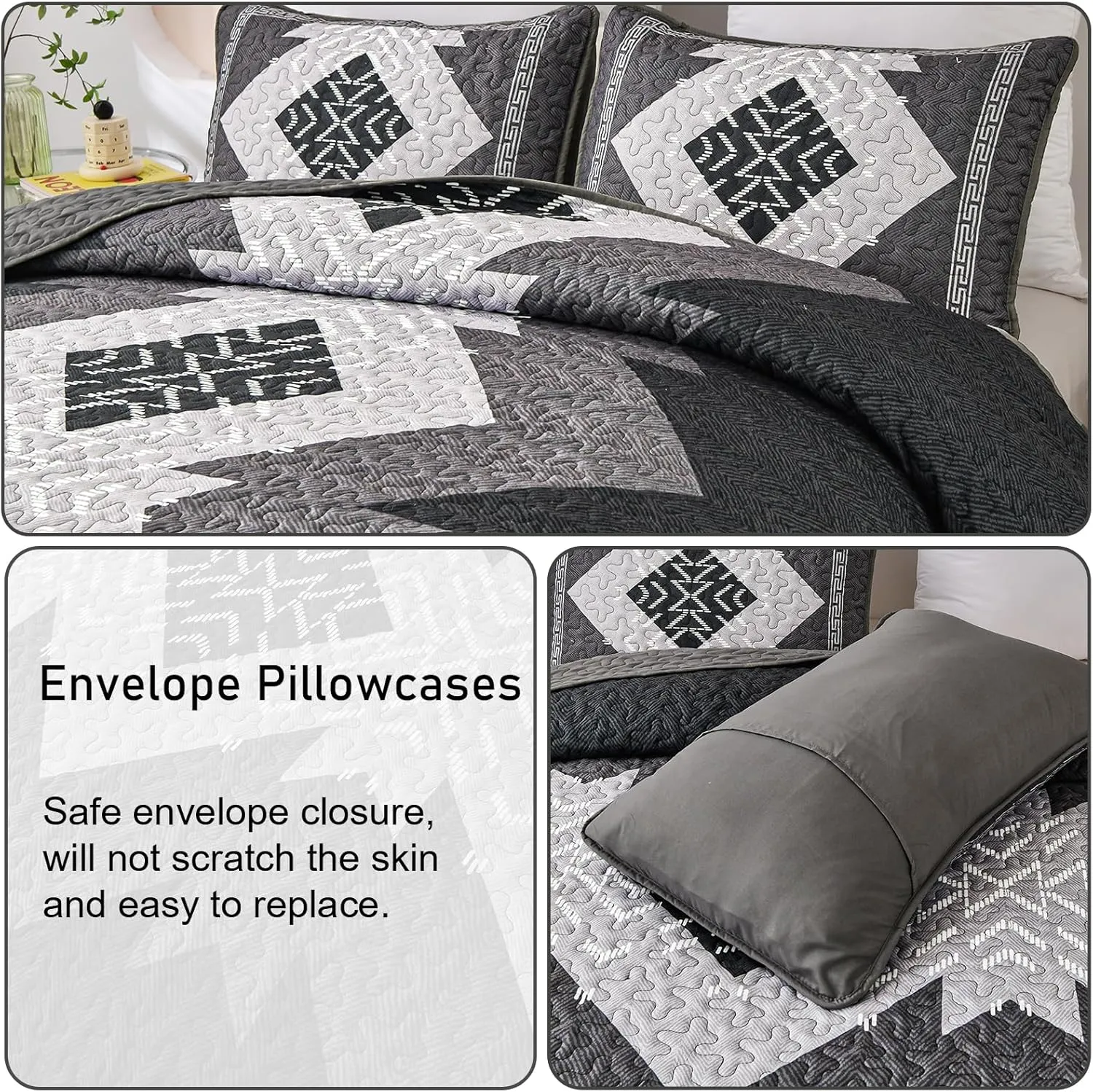 Dintszyayue Boho Quilt Set King Size 3 Pieces Black Grey Aztec Texture Bedspread Coverlet Set Bohemian Quilt Bedding Set Microfiber Lightweight Bed Cover for All Seasons 90"×103"