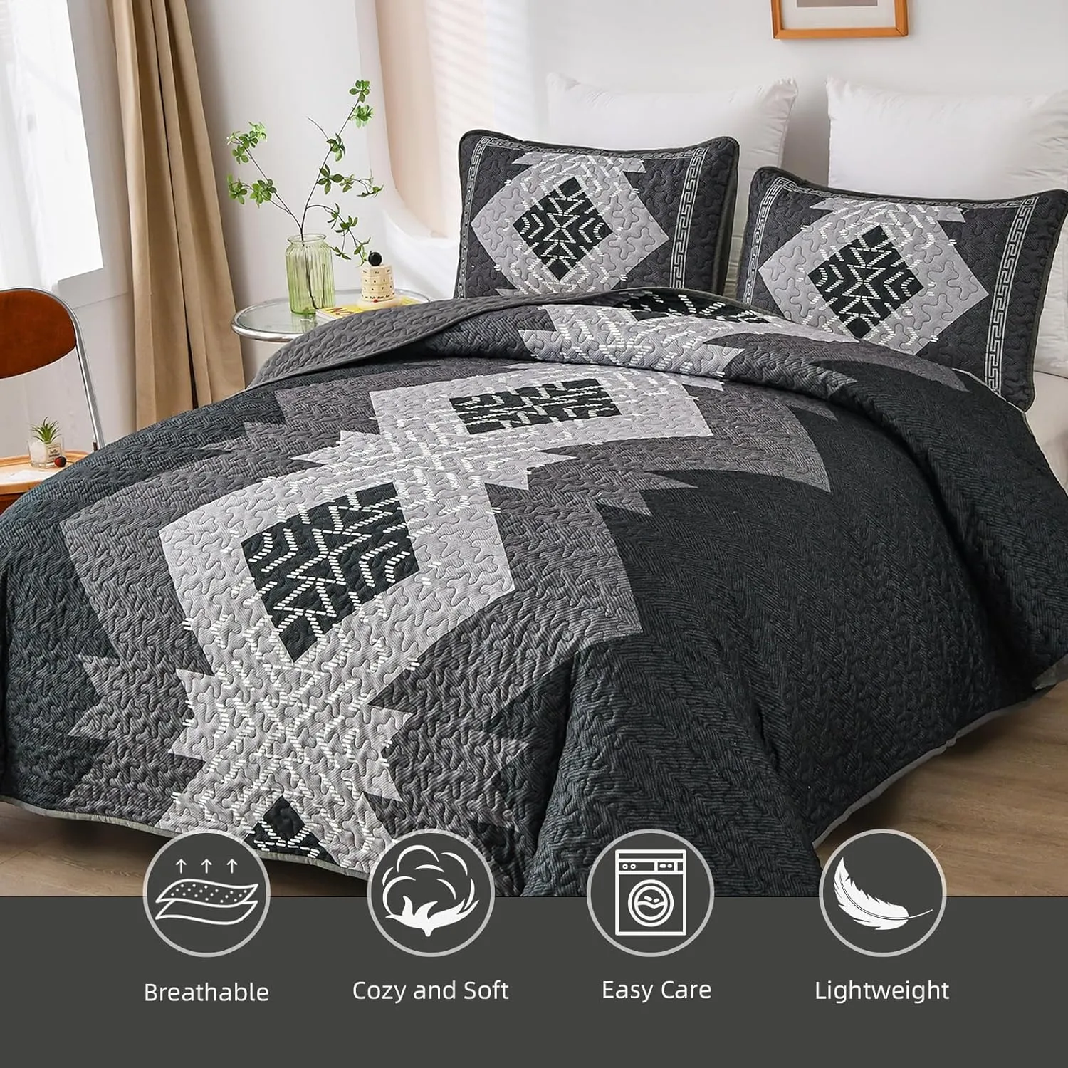 Dintszyayue Boho Quilt Set King Size 3 Pieces Black Grey Aztec Texture Bedspread Coverlet Set Bohemian Quilt Bedding Set Microfiber Lightweight Bed Cover for All Seasons 90"×103"