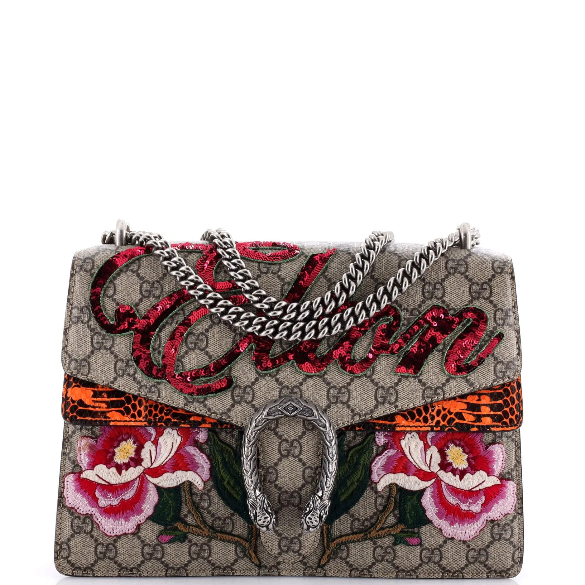 Dionysus Bag Embroidered GG Coated Canvas with Python Medium
