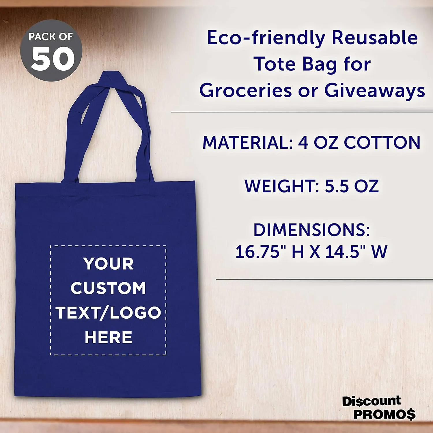 DISCOUNT PROMOS Custom Cotton Canvas Tote Bags Set of 50, Personalized Bulk Pack - Reusable, Great for Shopping, Grocery, Beach, Picnic, Wedding Favors - Royal Blue