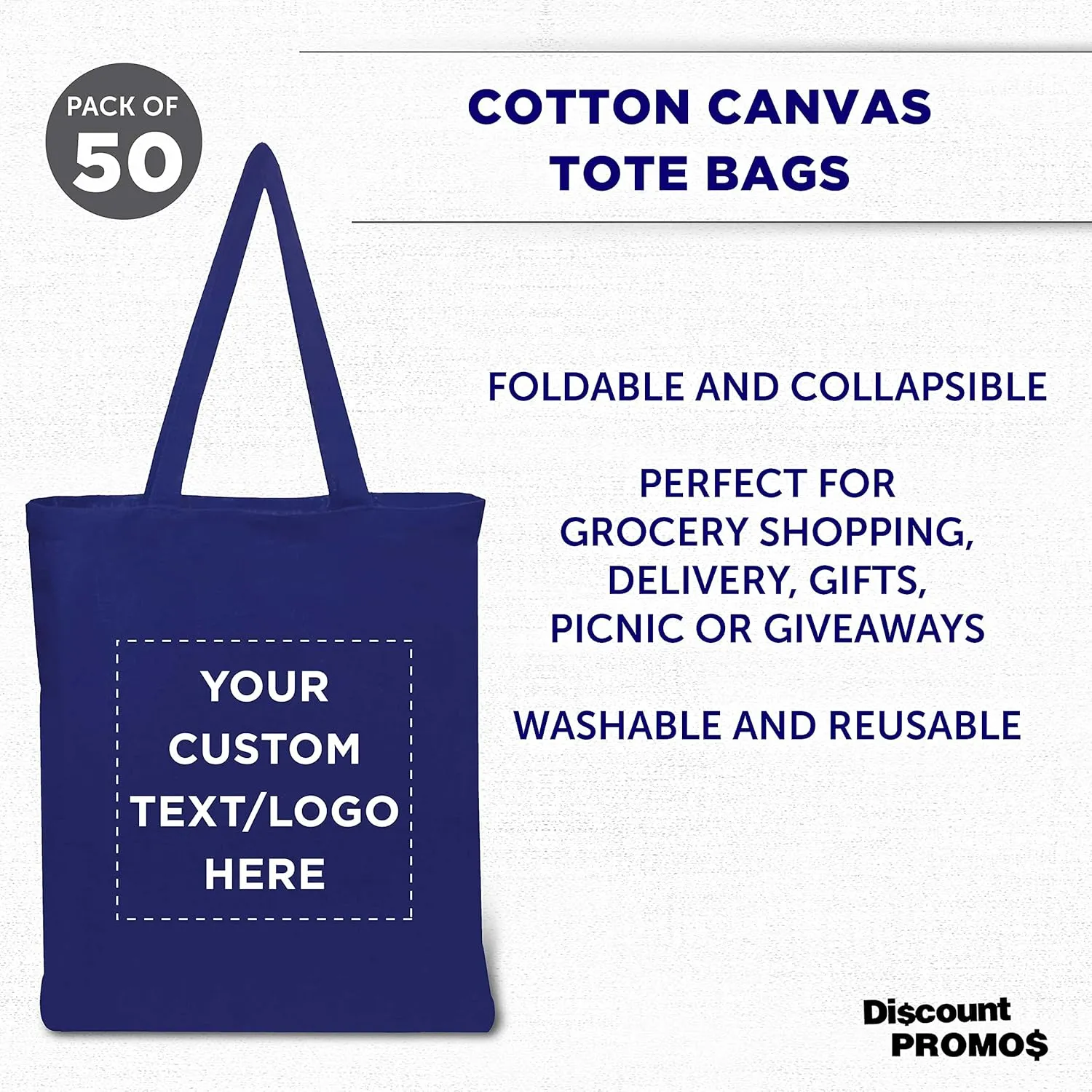 DISCOUNT PROMOS Custom Cotton Canvas Tote Bags Set of 50, Personalized Bulk Pack - Reusable, Great for Shopping, Grocery, Beach, Picnic, Wedding Favors - Royal Blue